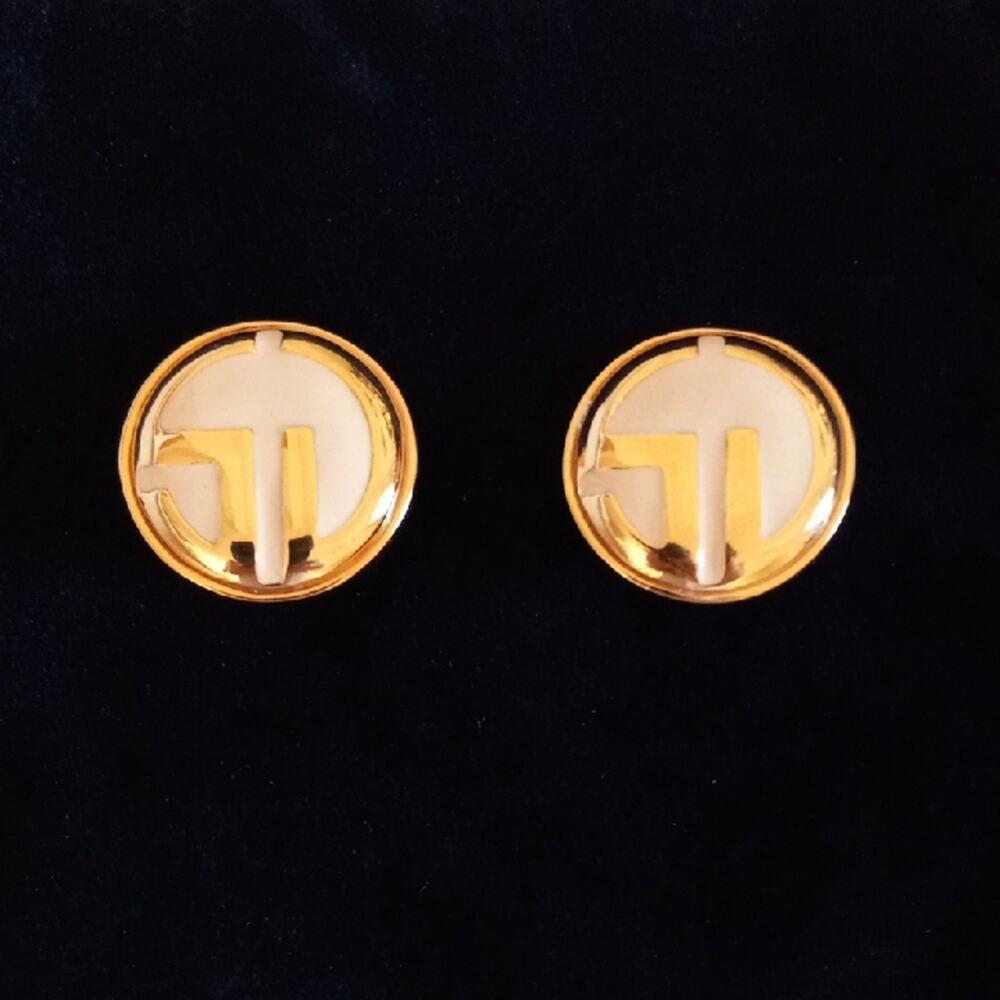 ST JOHN Vintage Gold-tone SJ Logo and Cream Enamel Round Earrings